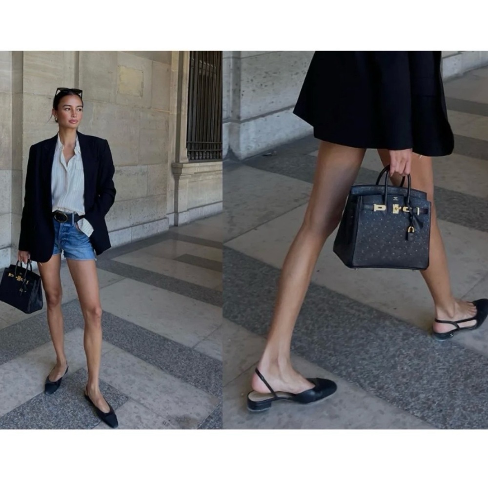 Goatskin Grosgrain Cap Toe CC Slingback Ballerina Flats in Black FR 38 / US 7 - Picture 14 of 15